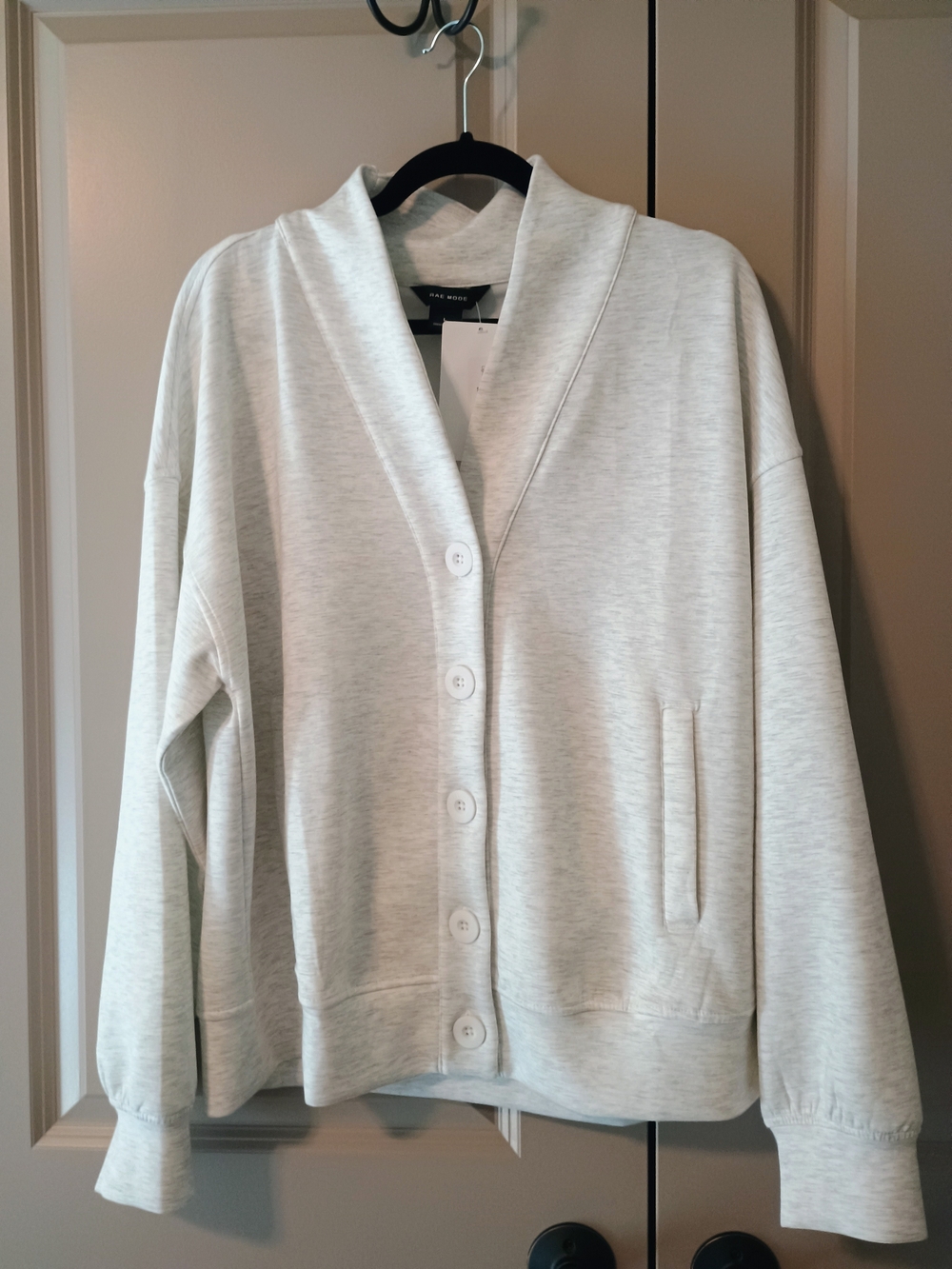 Rae Mode Light Gray Button-Front Shawl Collar Sweatshirt